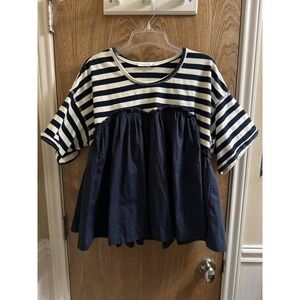 Altar'd State Stripe Riffle Flare Babydoll Top Navy Ivory Oversized Cotton Sz M